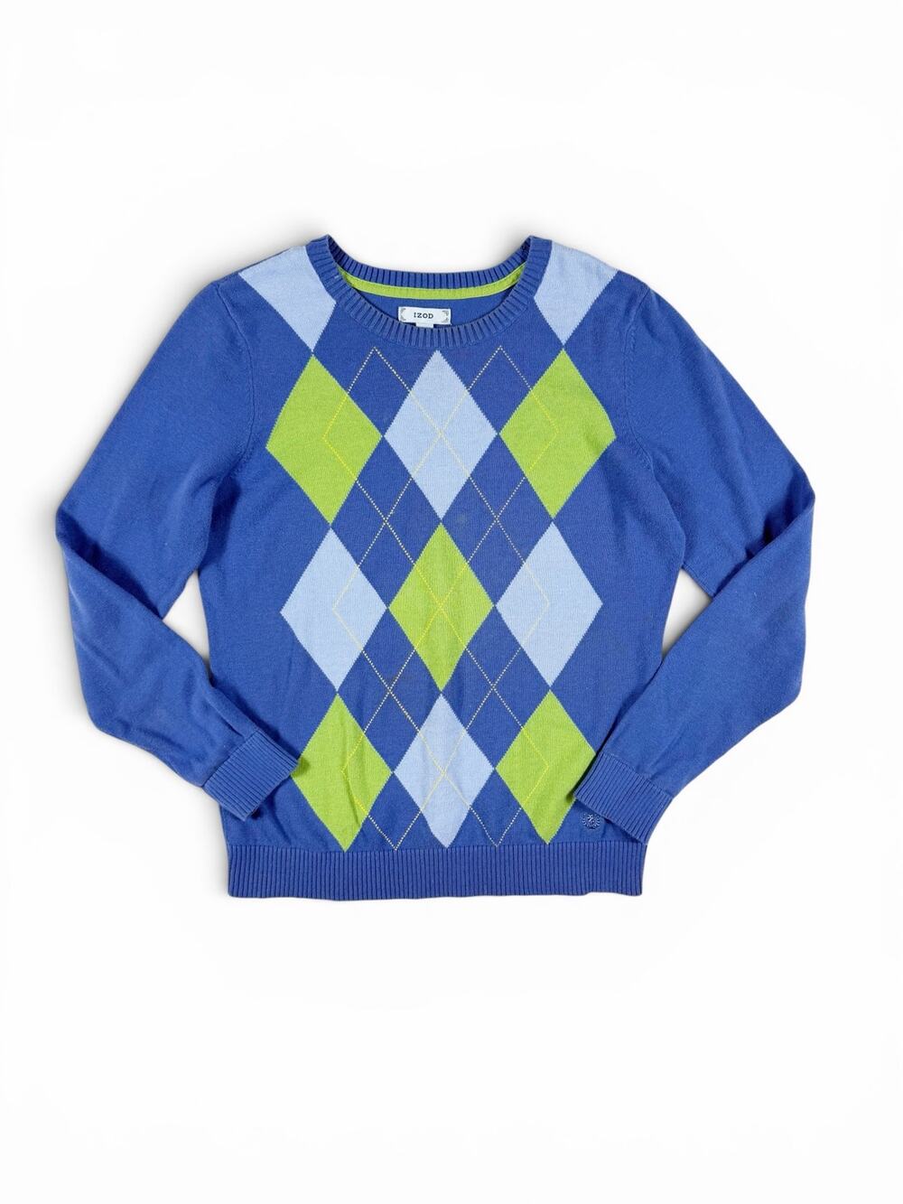 IZOD Blue Green Argyle Crewneck Cotton Sweater Size Medium